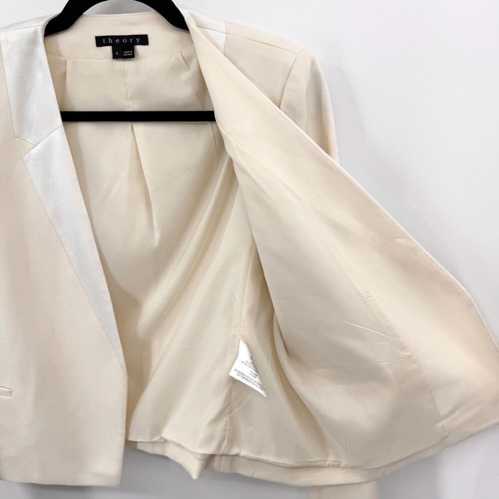 THEORY Cream Nabiel C Modern Virgin Wool Satin Lapel Buttonless Blazer Size 6 - Picture 5 of 9